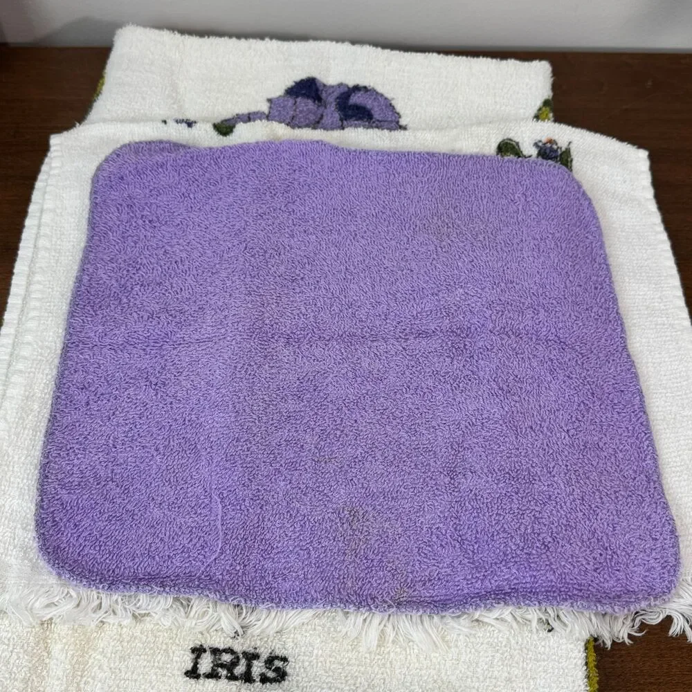 Vintage Iris Floral Towel Set White Purple Green Bathroom Decor Guest Hand